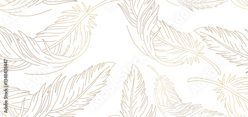 Abstract white art background with feathers in golden line style. Hand drawn vector banner for wallpaper design, packaging, textile, decor, print.
