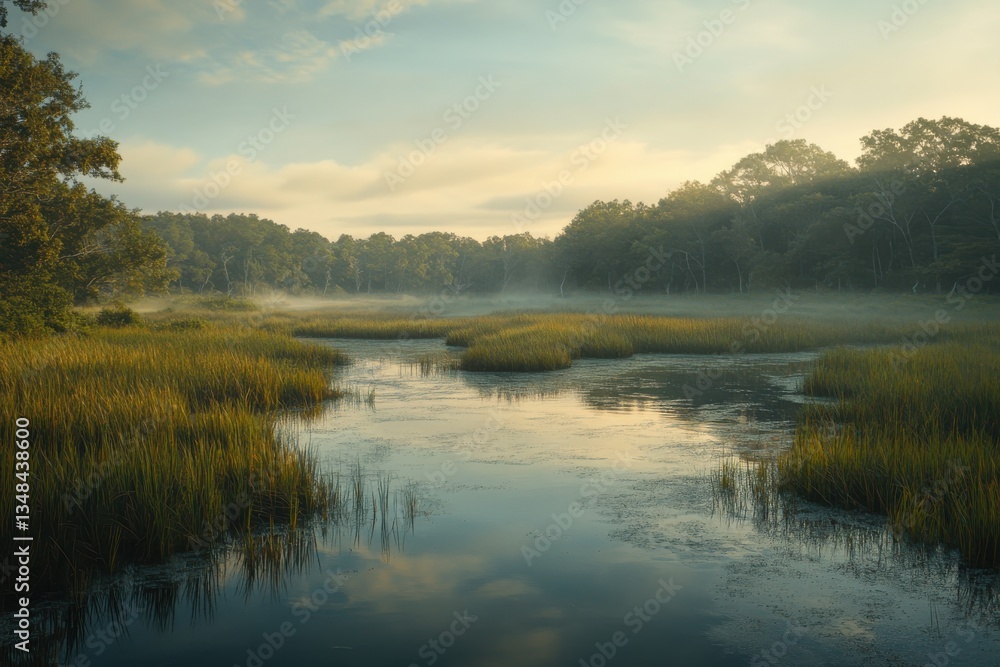 Serene morning mist over a tranquil river flowing through lush wetlands at dawn Serene morning mist over a tranquil river flowing through lush wetlands at dawn