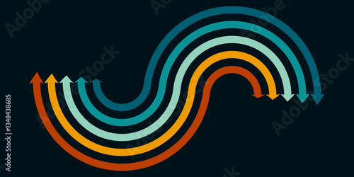 Abstract background with rainbow wavy design in 1970s retro hippie style. Vector pattern ready to use for fabric, textile, packaging and more.