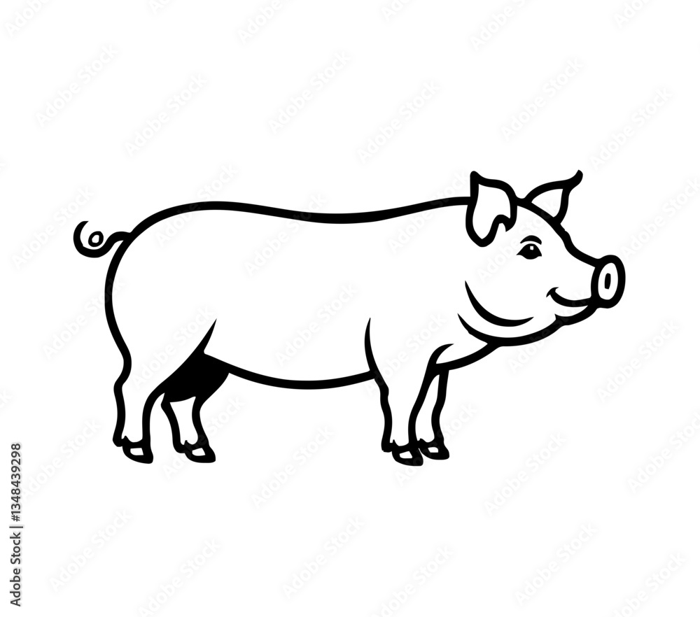 Fototapeta premium Cute sketch of a happy pig standing on a light background with copy space