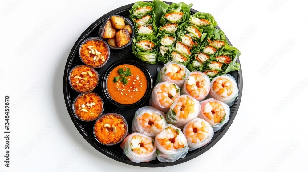 Fresh Thai Spring Rolls Platter with Dipping Sauces and Veggies Fresh Thai Spring Rolls Platter with Dipping Sauces and Veggies