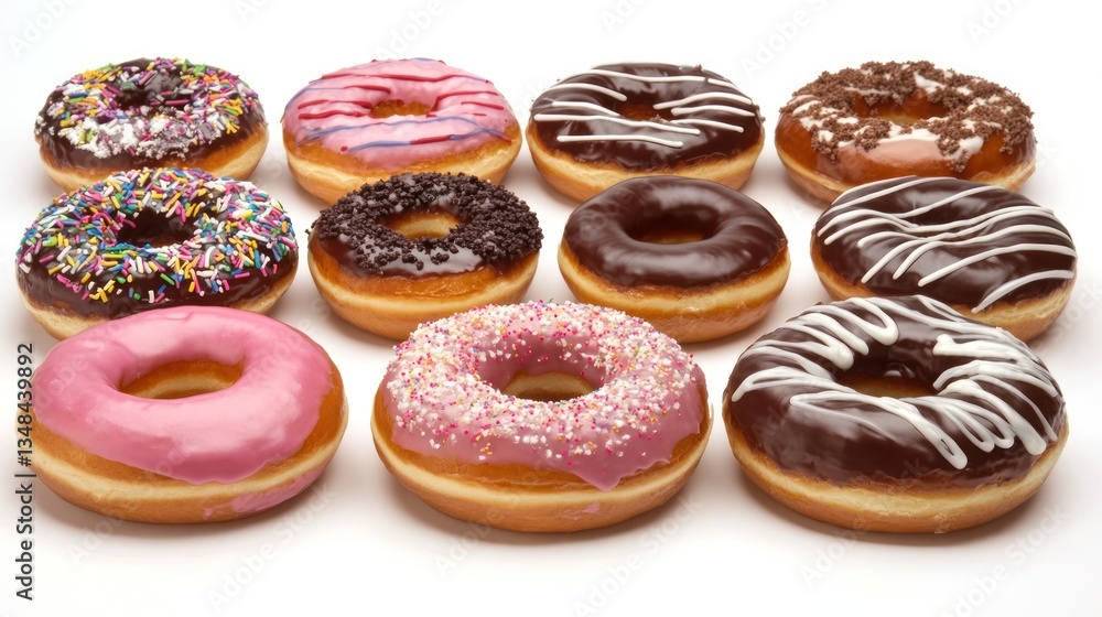 Assorted glazed donuts in a tempting display on a white background Assorted glazed donuts in a tempting display on a white background