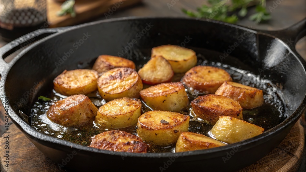 Crispy brambor ky frying in a skillet on a rustic wooden table with fresh herbs
