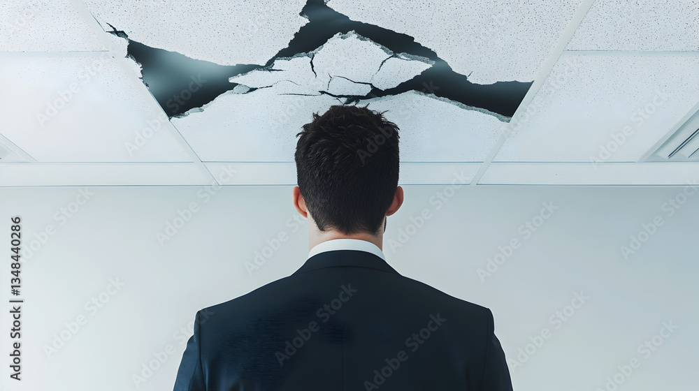 Office space ceiling damage assessment rear view of modern workplace maintenance