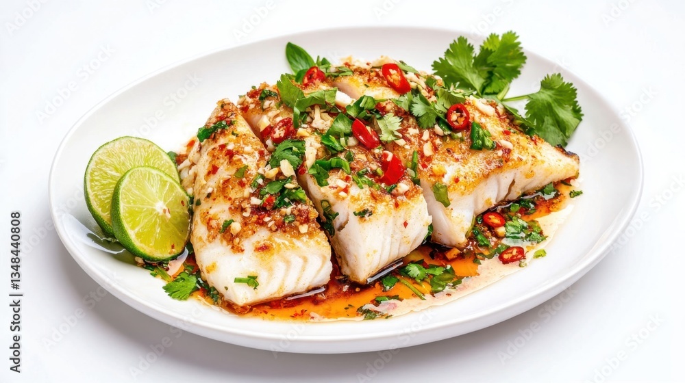 Steamed Thai Fish with Lime and Fresh Herbs on a White Plate Steamed Thai Fish with Lime and Fresh Herbs on a White Plate