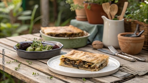 Delicious b rek filled with eggplant served on a white plate in a cozy outdoor setting with fresh herbs