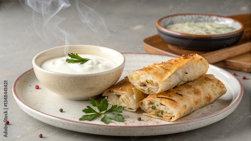 Flaky bread rolls served with yogurt and a side of herbs, perfect for a satisfying breakfast or snack Flaky bread rolls served with yogurt and a side of herbs, perfect for a satisfying breakfast or snack