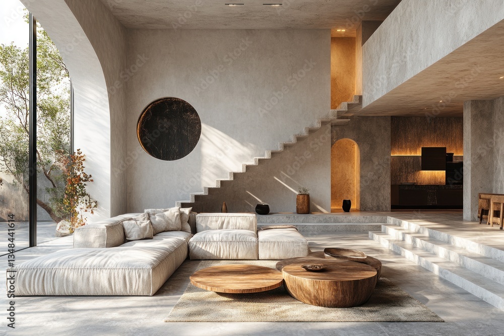 Modern open-plan living area with natural light, concrete walls, wooden furniture, and patio views Modern open-plan living area with natural light, concrete walls, wooden furniture, and patio views