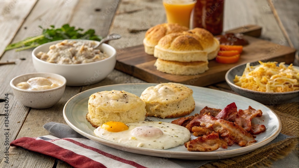 Classic southern breakfast spread with biscuits, eggs, bacon, and gravy on a rustic table Classic southern breakfast spread with biscuits, eggs, bacon, and gravy on a rustic table