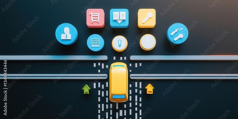 Fototapeta premium Colorful Car Illustration with Tools and Icons on Surface