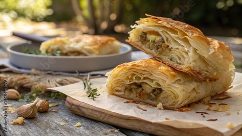 Crispy baked pastry filled with savory ingredients served on a wooden board outdoors