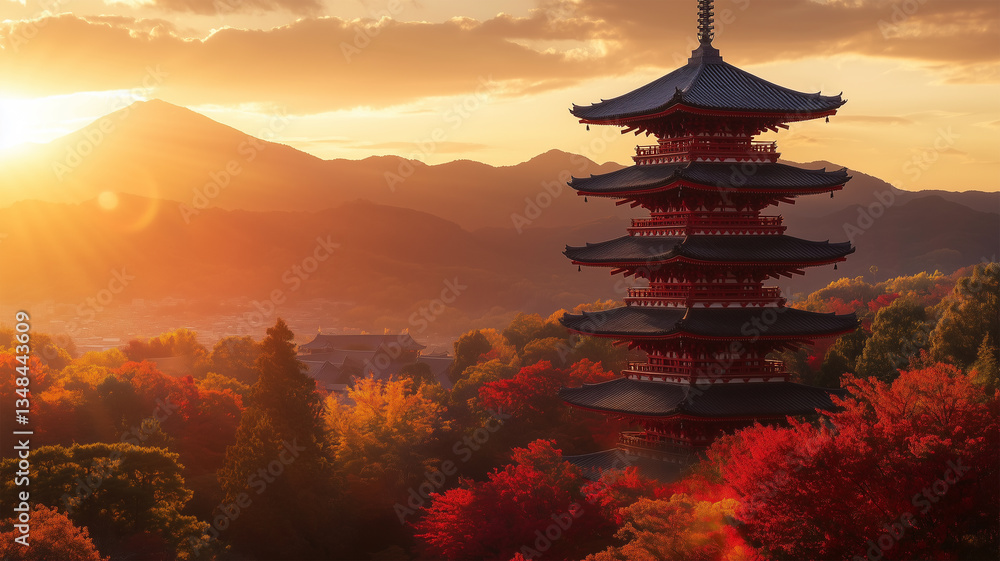 custom made wallpaper toronto digital紅葉に包まれた五重塔と夕暮れの風景