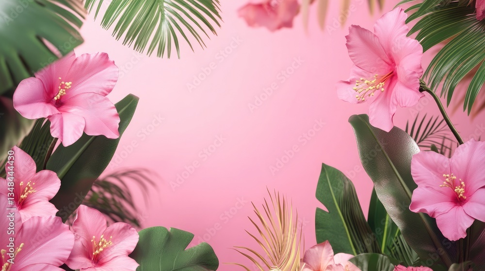 Hibiscus Flowers and Palm Leaves Frame on Pink Background for Summer Hibiscus Flowers and Palm Leaves Frame on Pink Background for Summer