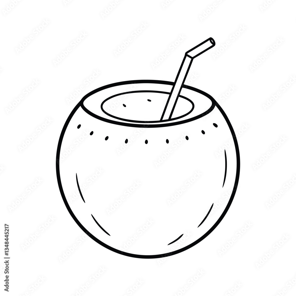 Line art design vector illustration of a coconut with a straw poking out from a small hole.eps Line art design vector illustration of a coconut with a straw poking out from a small hole.eps