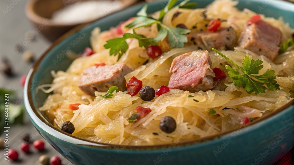 Close up of bigos highlighting the rich textures and vibrant colors of this traditional dish Close up of bigos highlighting the rich textures and vibrant colors of this traditional dish
