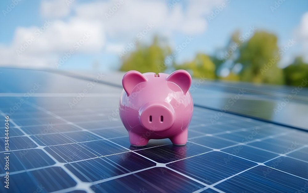 Fototapeta premium A pink piggy bank positioned on a solar panel, illustrating the concept of eco-friendly savings.