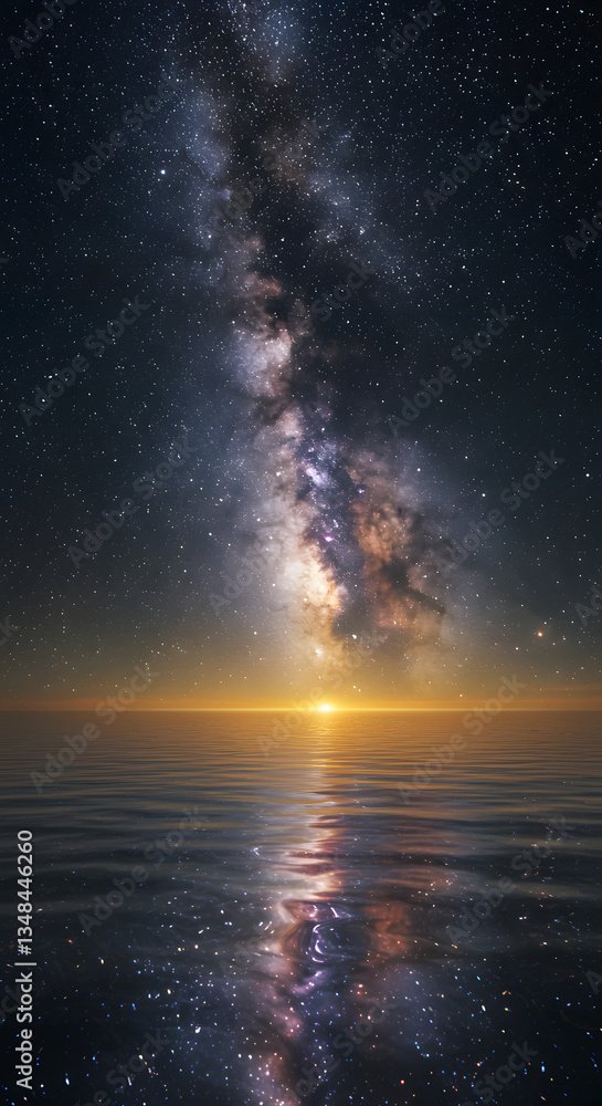 Fototapeta premium A Mirror Lake Suspended in the Void of Space, Reflecting a Distant Galaxy