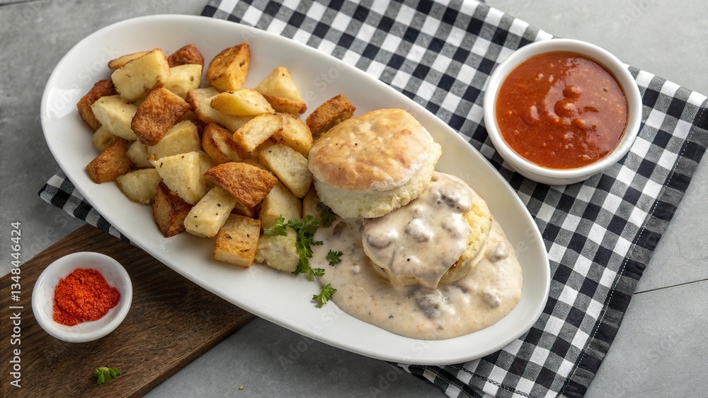 Biscuits and gravy served with crispy potatoes and rich sauce for a comforting meal experience Biscuits and gravy served with crispy potatoes and rich sauce for a comforting meal experience