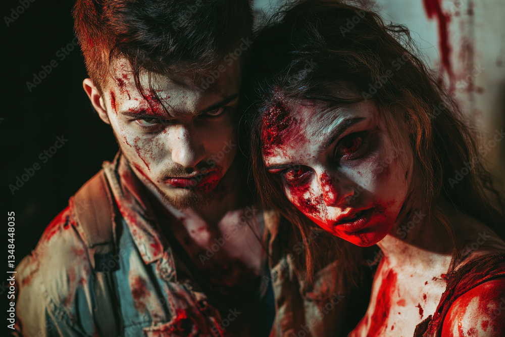 Obraz premium Halloween zombie couple of muscular man and bloody young woman with wounds and red blood