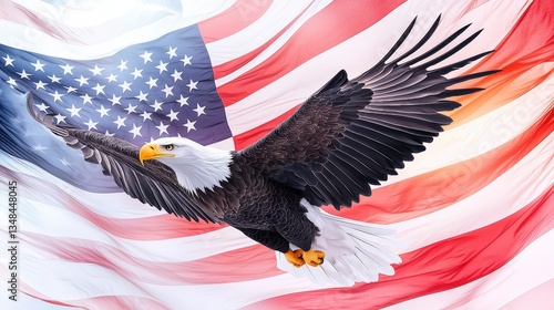 Majestic Bald Eagle Soaring  American Flag Background  Patriotism  Freedom