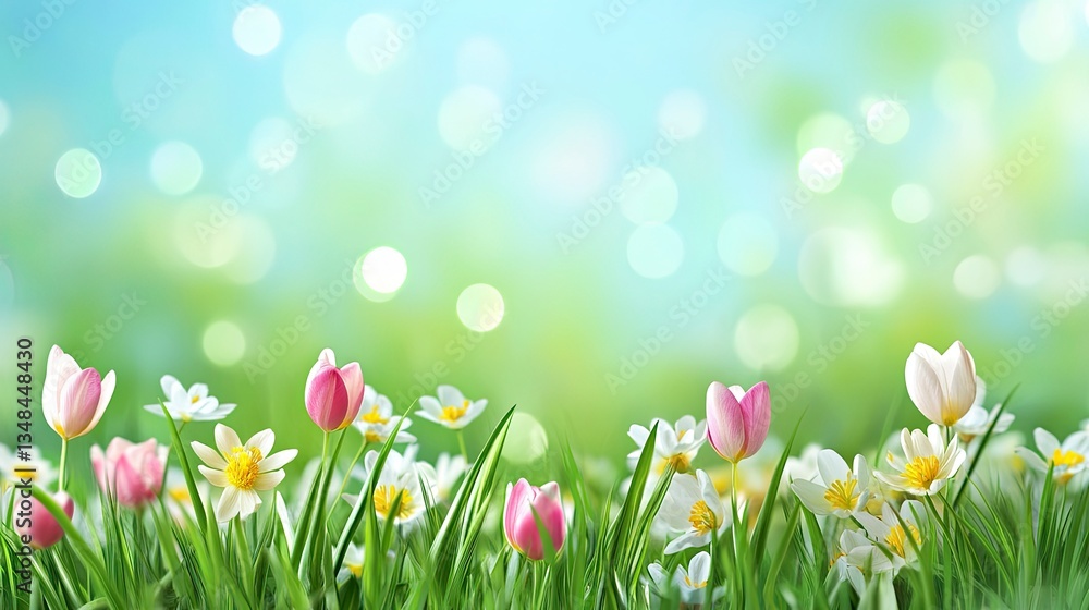 Blooming Tulips and Daisies Meadow on a Sunny Spring Day Blooming Tulips and Daisies Meadow on a Sunny Spring Day