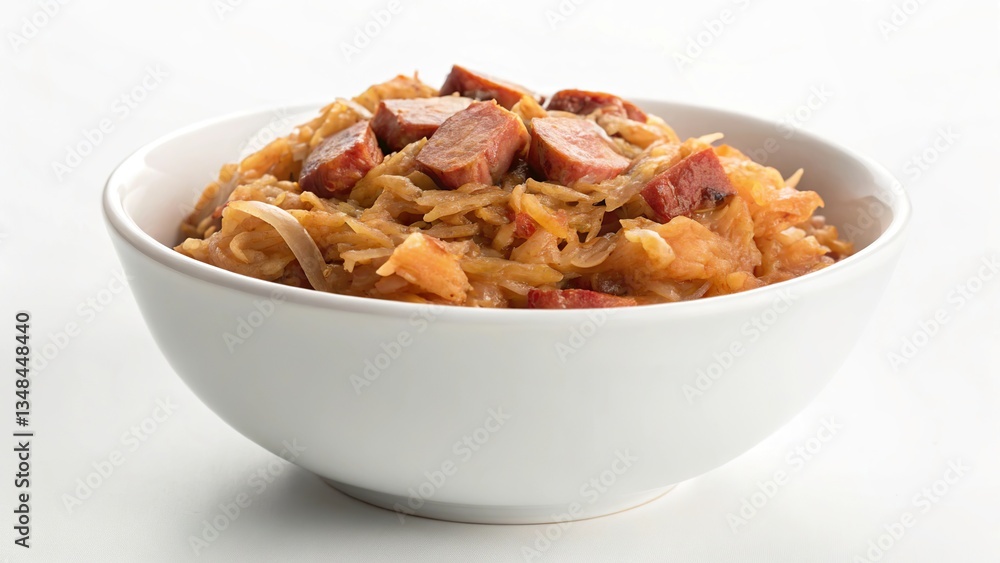 Minimalist bigos served in a clean bowl highlighting the rich flavors of fermented cabbage and sausage Minimalist bigos served in a clean bowl highlighting the rich flavors of fermented cabbage and sausage