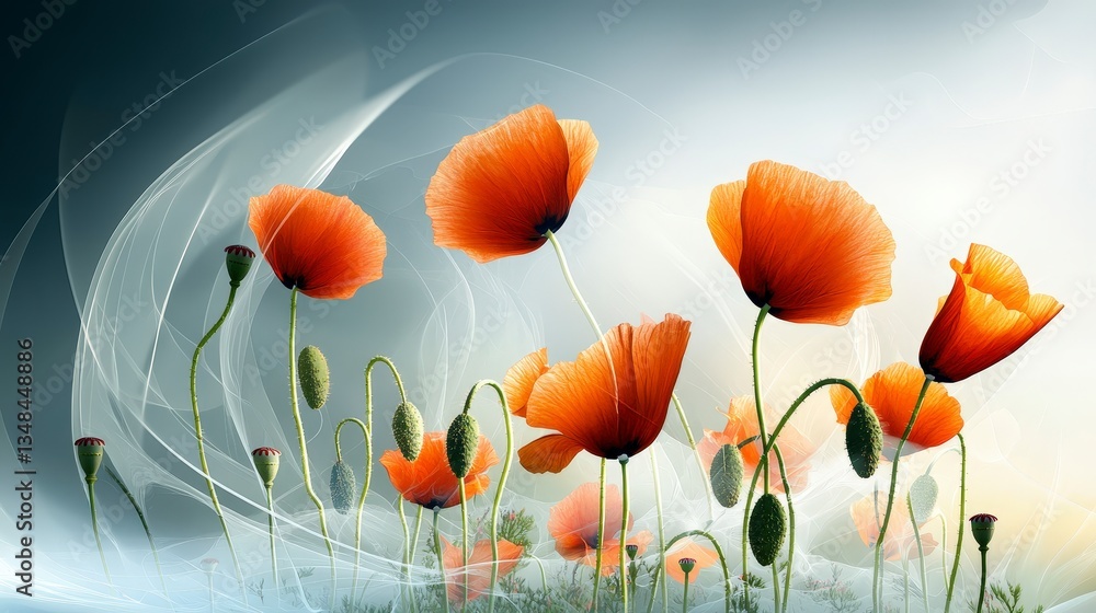 Obraz premium Stunning AI Generated Poppy Field Vibrant Orange Flowers Soft Background