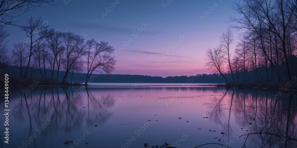 Fototapeta premium Tranquil Lake at Dusk with Bare Trees and Reflections.