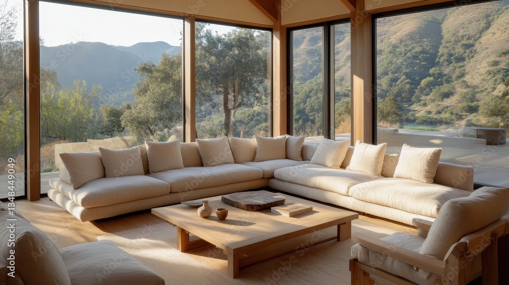 Obraz premium Bright modern living room with mountain views