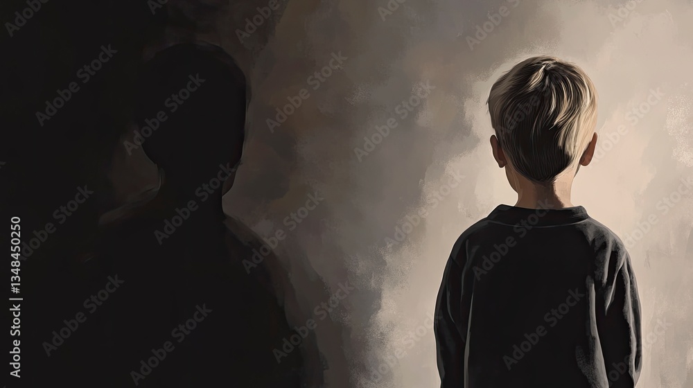 Young Boy and Shadow Illustration Depicting Fear and Anxiety Young Boy and Shadow Illustration Depicting Fear and Anxiety
