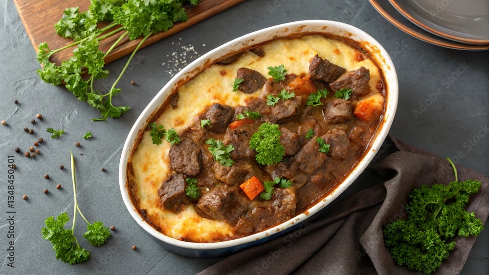 Savory beef casserole topped with fresh herbs served on a rustic table setting during a cozy dinner Savory beef casserole topped with fresh herbs served on a rustic table setting during a cozy dinner