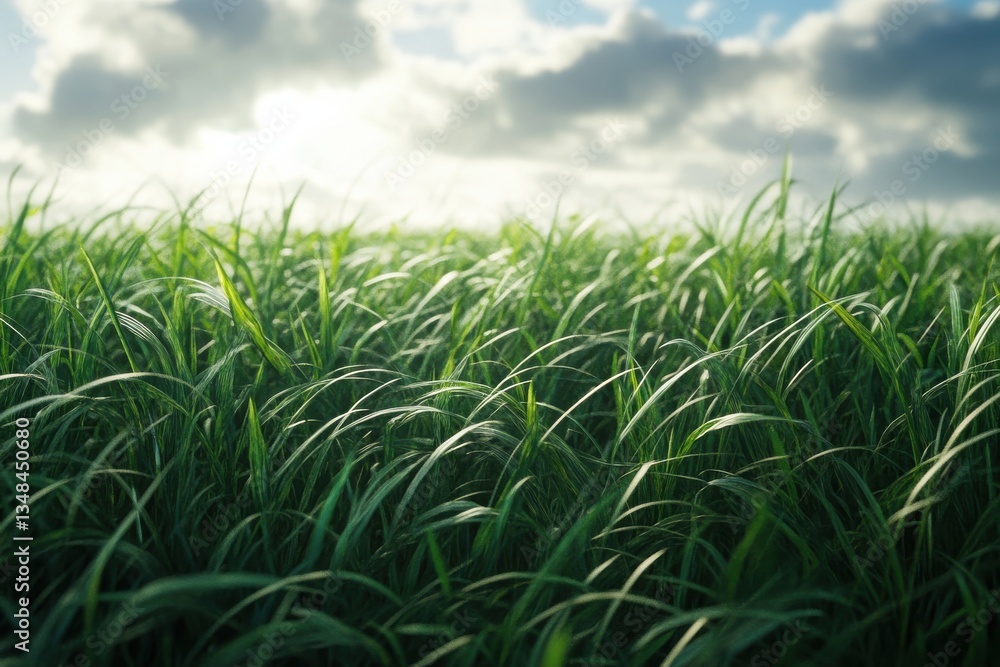 Obraz premium Lush green grass sways gently under a bright sky filled with dynamic clouds at sunset