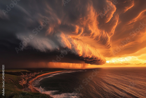 A large cloud over a beach with a large cloud formation in the background.
