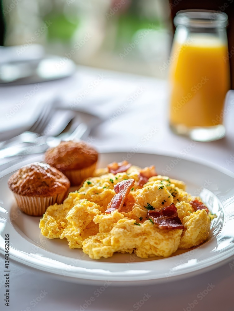 Delicious Breakfast Plate with Scrambled Eggs, Crispy Bacon, Muffins, and Fresh Orange Juice in a Cozy Dining Setting Delicious Breakfast Plate with Scrambled Eggs, Crispy Bacon, Muffins, and Fresh Orange Juice in a Cozy Dining Setting