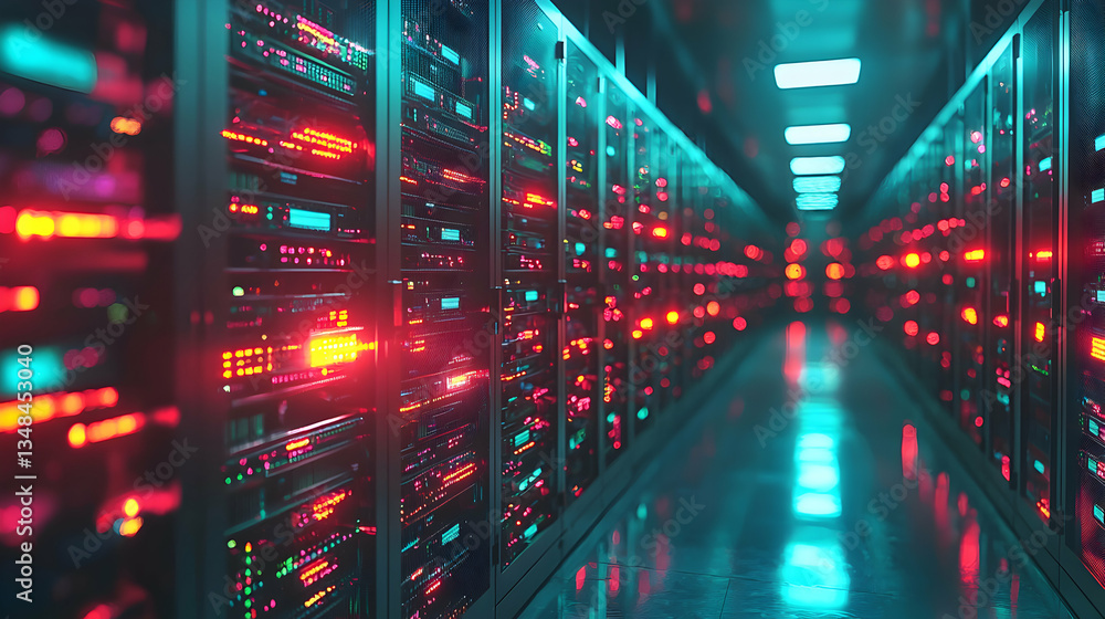 A server room with glowing lights and reflections creates a futuristic tech atmosphere. Ideal for backgrounds showcasing data centers, cybersecurity, or cloud computing. A server room with glowing lights and reflections creates a futuristic tech atmosphere. Ideal for backgrounds showcasing data centers, cybersecurity, or cloud computing.