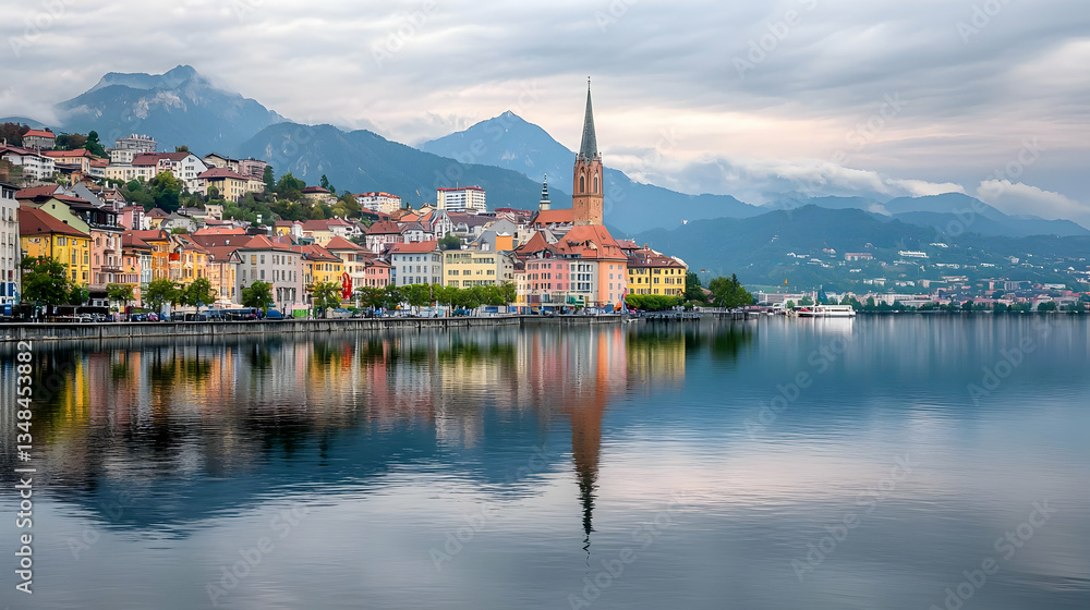 Naklejka premium Colorful Lakeside Townscape With Mountain Backdrop and Mirroring Reflections Under Cloudy Sky