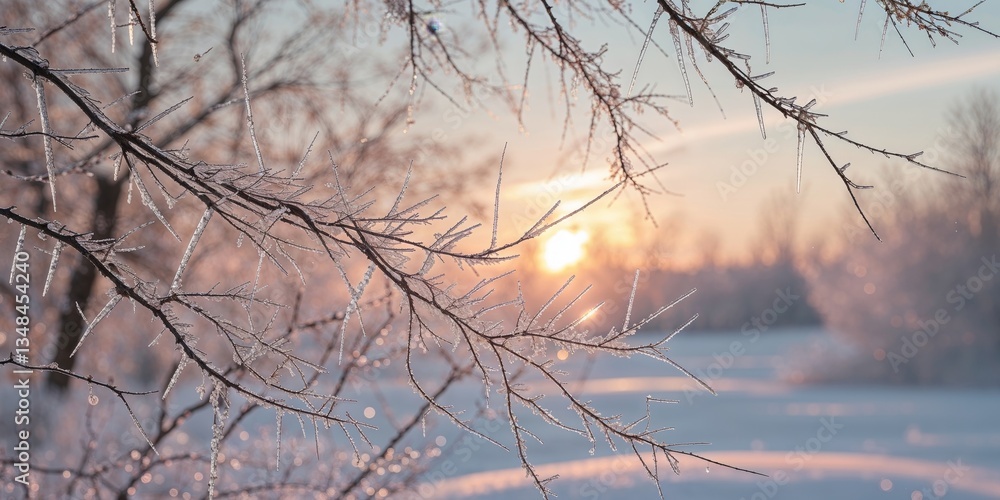 Fototapeta premium Frosty Branches Glimmering in the Sunlight at Winter Sunset