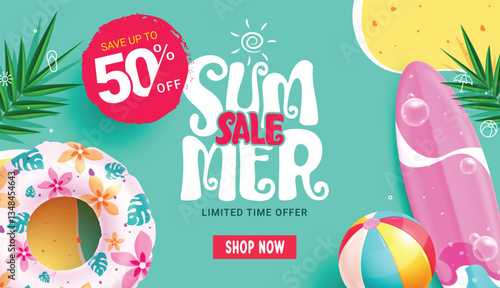 Summer sale banner clipart background design. Summer sale text clip art in blue abstract background for holiday season 50% off limited discount with inflatable floaters