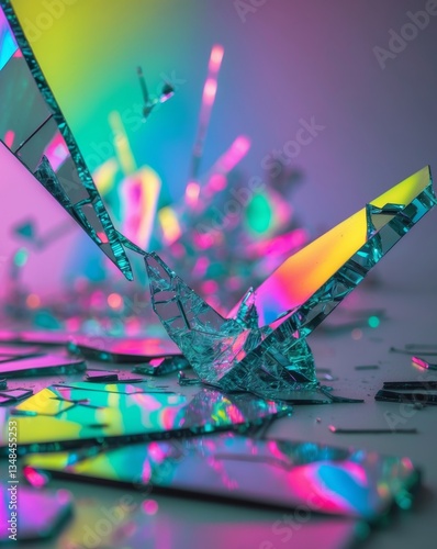 Shattered Glass Abstract Neon Lights Cyberpunk Style Broken Glass Fractured Surface Texture Colorful Background