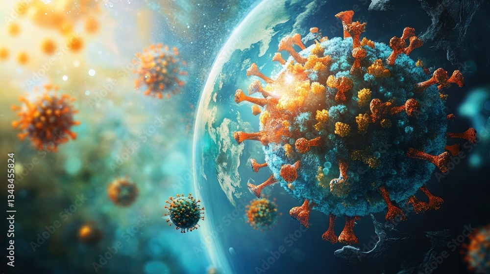 Fototapeta premium Coronavirus Cell Spread Around Earth Globe Health Crisis Pandemic Concept