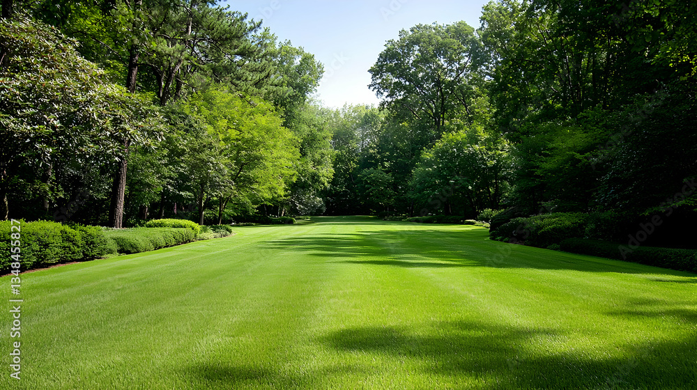 Vibrant Green Lawn Pathway Leading Between Lush Trees Under Clear Blue Sky Daytime Sunlight Vibrant Green Lawn Pathway Leading Between Lush Trees Under Clear Blue Sky Daytime Sunlight