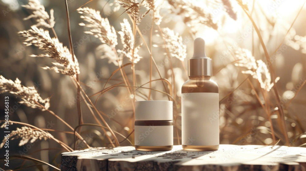 Natural skincare products outdoors, golden hour Natural skincare products outdoors, golden hour