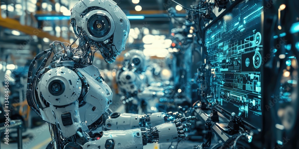 A detailed view of robotic automation in a cyberpunk factory, featuring sleek metallic limbs, neon-lit interfaces, and advanced technological systems. A detailed view of robotic automation in a cyberpunk factory, featuring sleek metallic limbs, neon-lit interfaces, and advanced technological systems.