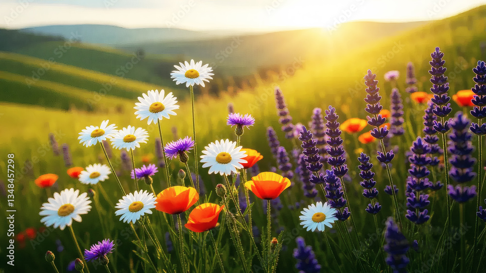 Obraz premium Vibrant wildflowers in a sun-drenched meadow