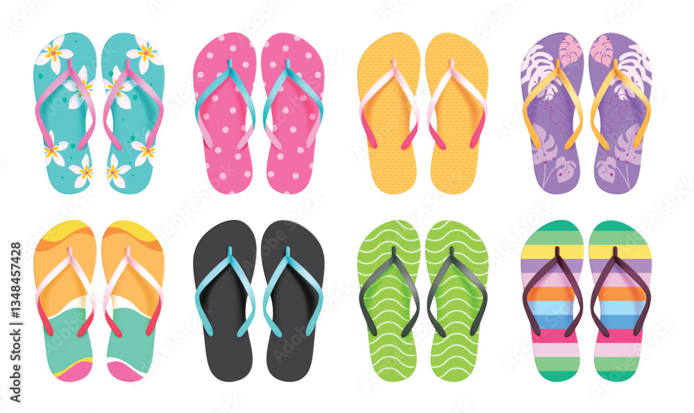 Flipflop colorful pattern clipart set. Multicolored slipper elements clip art for swimming summer beach vacation holiday pair of sandals collection