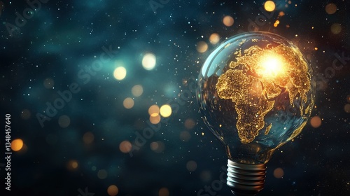 Illuminated World Globe Inside Light Bulb Sparking with Energy and Innovation