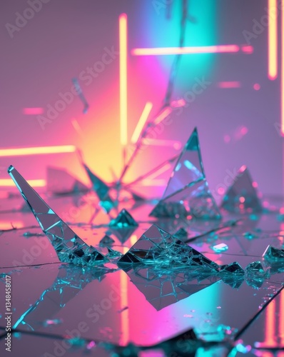 Shattered Glass Abstract Neon Lights Cyberpunk Style Broken Glass Fractured Surface Texture Colorful Background.
