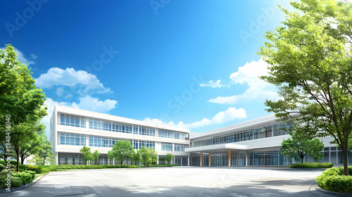 Bright Sunny Day Exterior View Of A Modern Two Story School Building With Blue Sky And Lush Green Trees