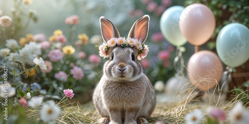 Rabbit with festive joy wearing flower crown in garden amidst pastel balloons.