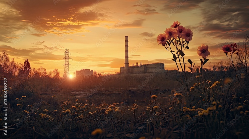 Naklejka premium Industrial Plant Sunset View with Meadow Flowers in Foreground Nature